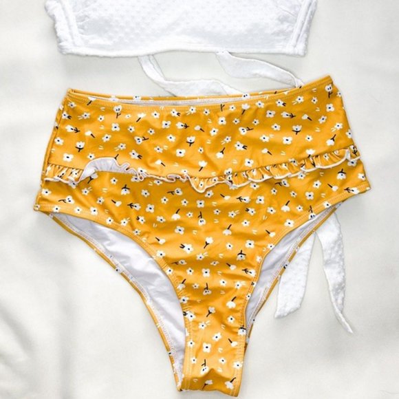 Shein White and Yellow Ruffled High waist  Bikini Bottom - Picture 1 of 10